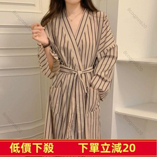 超低價🔥「四季通用」復古條紋浴袍 長袖小個子睡袍 睡衣 秋季新款 中長款 家居服 居家夏天 女生睡袍565