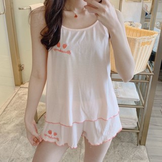 女睡衣 冰絲睡衣 夏天睡衣 甜美可愛睡衣 休閒睡衣 居家服小個子睡衣女性感純棉夏天吊帶短褲兩件套可愛粉色草莓ins家居服