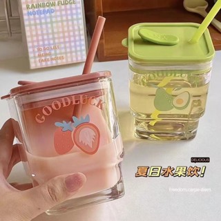 🌝臺灣出貨🌝新款四方形喜樂杯帶蓋韓式INS冷萃咖啡杯牛奶果汁杯隨手杯玻璃杯高顏值水杯