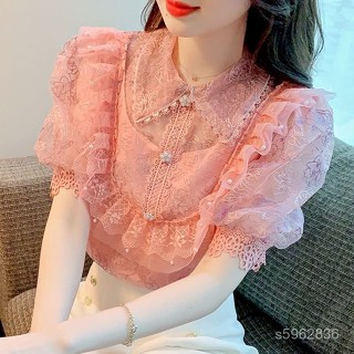 臺灣發貨免運🌈夏季泡泡袖雪紡襯衫女泡泡袖新款宮廷風洋氣蕾絲小衫短袖上衣