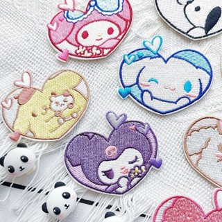 刺繡貼布 可愛補丁貼✨卡通愛心框三麗鷗庫洛米玉桂狗刺繡布貼衣服補丁貼裝飾貼自粘布貼 燙布貼熨燙貼 魔術貼 臂章貼 魔鬼氈