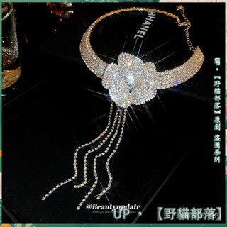 ✨臺灣出貨✨鑲鑽花朵超閃流蘇項鏈歐美輕奢choker鎖骨鏈禮服設計百搭通懃飾品女生項鍊 頸鍊 鎖骨配飾 金屬鏈條身體鍊情