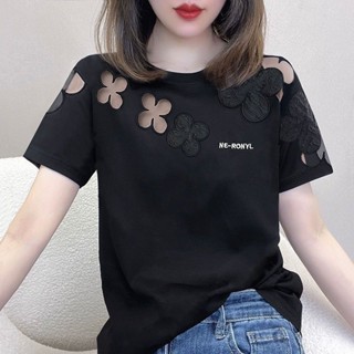 純棉鏤空圓領刺繡上衣女設計感高檔顯瘦通勤小眾百搭休閒短袖T恤 純棉鏤空T恤女 純棉T恤女 大尺碼純棉上衣 150公斤