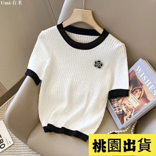 Umi🌸限時特價🌸小香風圓領冰絲短袖T恤女夏季新款山茶花寬松顯瘦百搭薄款針織衫 大尺碼女裝 大尺碼上衣 短袖上衣 氣