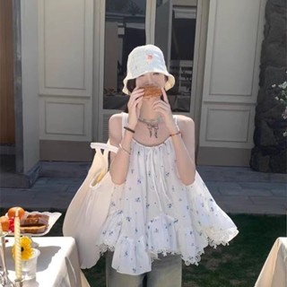 【Carmar】清新甜美碎花吊帶女 設計感重工不規則下擺係帶背心小可愛 女裝 衣服 短版上衣 短板上衣 大碼顯瘦吊帶背心