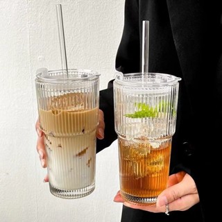 臺灣發貨 600ml高顏值冷飲果汁咖啡杯帶蓋吸管杯大容量條紋玻璃杯水杯ins風杯子