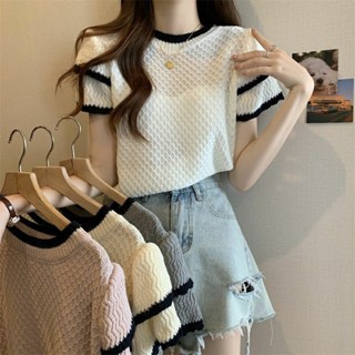 Luxi❤大碼女裝夏季法式小香風薄款冰絲針織衫短袖T恤女設計感小眾上衣