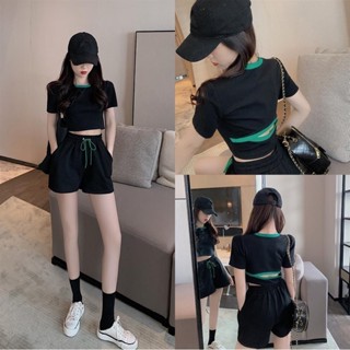 Tianx✨短褲套裝女夏季2022新款時尚露背短款上衣休閒運動套裝晨跑兩件套