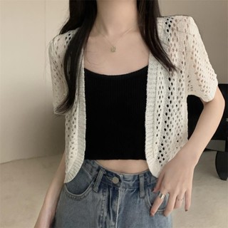 免運出貨👗薄外套 韓版獨特別緻針織衫女裝夏季短袖設計感鏤空刺繡花防曬小外套外套顯瘦上衣 防曬外套 涼感外套 棉麻背心