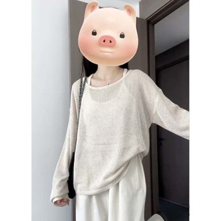🟠ViVi SHOP🟠 冰蕾純夏季鏤空條紋防曬上衣薄款長袖寬鬆女慵懶風假兩件罩衫