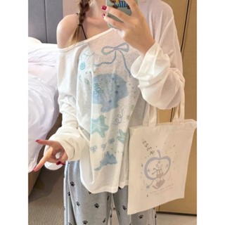 🟠ViVi SHOP🟠 小眾印花長袖防曬罩衫T恤女夏季設計感個性可愛寬鬆百搭薄款上衣
