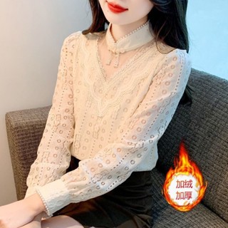 臺灣熱賣【店鋪熱銷】新中式立領長袖蕾絲打底衫秋冬新款時尚小衫加絨加厚內搭上衣洋氣