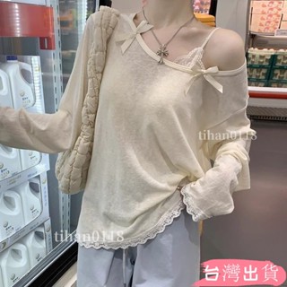 臺灣出貨💞防曬罩衫 蕾絲花邊蝴蝶結長袖防曬T恤女夏季薄款寬鬆百搭微透罩衫外搭上衣tihan0118