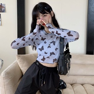【SK新品】5-6網紗打底衫 透膚內搭 長版上衣 冰絲防曬打底衫女夏季新款蝴蝶印花長袖T恤露臍短款內搭網紗上衣 夏天服飾