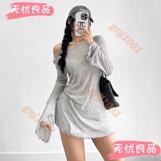 美式辣妹性感長袖斜肩上衣 夏季薄款慵懶風網紗透視一字領露肩上衣 木耳邊女生T恤 防曬罩衫微透寬鬆上衣外穿防曬上衣 跳舞舞