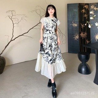 夏季洋裝 裙裝 多巴胺穿搭 超洋氣 純慾風 高品質女裝 大碼新中式國風水墨畵連衣裙女夏季胖mm設計感氣質顯瘦文藝長裙子