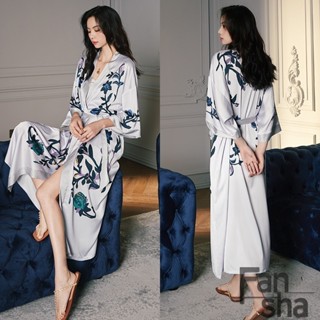 新品 質量保證 2023中長款碎花氣質優雅睡袍緞面雪紡睡衣女冰絲綢大方洋氣流行短袖睡袍家居服