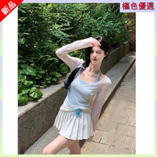 🌸臺灣發貨🌸純慾風露肩長袖T恤女辣妹修身防曬疊穿v領罩衫上衣吊帶寬鬆兩件套長袖T恤 女生長袖上衣