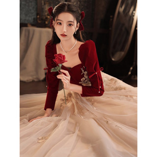 【2082人收藏】酒紅色晚禮服裙女2025新款法式絲絨宮廷風公主敬酒服新娘平時可穿