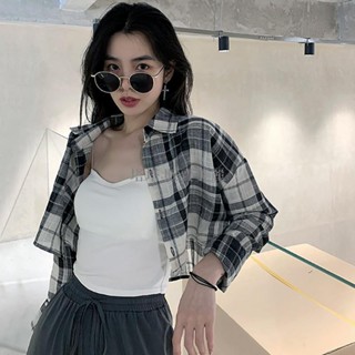 [塔塔·販賣美麗、日韓專屬]襯衫 Ins韓版格子雪紡防曬襯衫短版上衣辣妹夏日穿搭顯瘦襯衫外套大尺碼女裝 40819