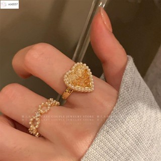 🔥臺灣出貨🔥果果💖元氣慵懶風~法式高階溫柔破碎感水晶愛心珍珠疊戴戒指女ins指環