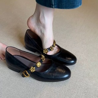 【💕免運實拍】女鞋 休閒鞋 單鞋 瑪麗珍鞋 娃娃鞋 真皮金屬瑪麗珍鞋女法式淺口單鞋低跟氣質新芭蕾舞小皮鞋