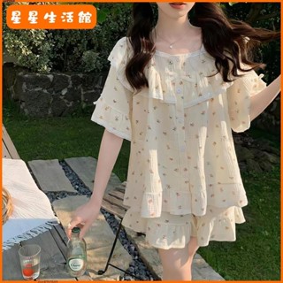 【桃園出貨】【1500人好評】ins蕾絲花邊公主風睡衣女夏季甜美少女碎花短袖短褲居家服套裝【限時折扣價，出廠價】