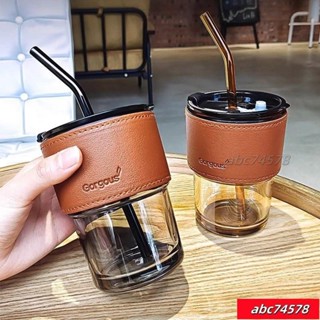 熱銷🚛簡約吸管玻璃杯 復古隨行玻璃杯 高顏值 竹節杯 ins風 帶蓋 吸管玻璃杯 水杯 隨行杯 玻璃杯 4KSQ