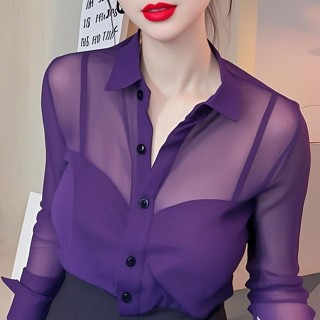 法式黑色網紗薄款長袖微透襯衫女新款爆款春夏高階感氣質打底上衣 長袖襯衫 女生襯衫 休閒襯衫 微透襯衫 防曬衣