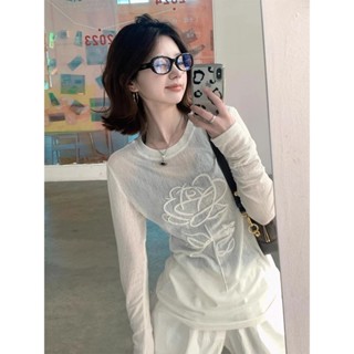 新款優惠 短袖女生 上衣女 白色立體髮泡印花微透防曬罩衫長袖T恤女春夏季薄款chic韓係上衣