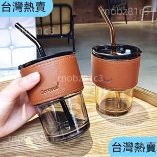 🔥特價處理🔥簡約吸管玻璃杯 復古隨行玻璃杯 高顏值 竹節杯 ins風 帶蓋 吸管玻璃杯 水杯 隨行杯 玻璃杯577