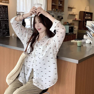 蝴蝶結碎花襯衫女 休閒外穿 長袖上衣女 寬鬆薄款防曬襯衫 長袖襯衫 設計襯衫 襯衣 薄款 防曬外套 女生襯衫 防曬襯衫女