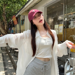 韓係 設計感 小眾 蕾絲拚接長袖防曬襯衫 女生襯衫 長袖上衣 寬鬆外搭上衣 薄款 防曬外套 長袖 襯衫 罩衫 開衫外套夏