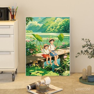 新品促銷 客製 diy數字油畫 宮崎駿數字油畵diy手繪夏天風景塗鴉畵畵手工填色丙烯油彩裝飾畵 無框畫 客廳裝飾畫掛畫