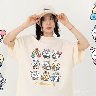 軟萌吉伊卡哇 短袖T恤女 萌萌集合 隊Chiikawa 情侶裝 100%純棉 休閒上衣 學生短袖