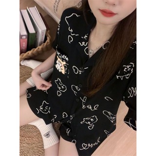 ✨限時下殺💖黑色小狗睡衣女夏新款可愛卡通開衫短袖學生宿舍套裝家居服可外穿居家服大碼