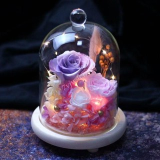 永生花 珠光玫瑰小夜燈 真花製作 求婚生日送女友老婆 玻璃罩香風乾燥花結婚禮物母親節情人節聖誕節交換禮物