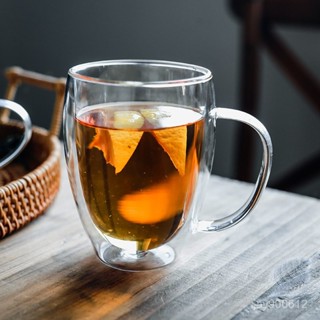 [高顔耐用 限時折扣]帶把手蛋形雙層玻璃杯 家用隔熱咖啡牛奶杯 果汁杯啤酒杯 隨行 牛奶杯 雙飲杯