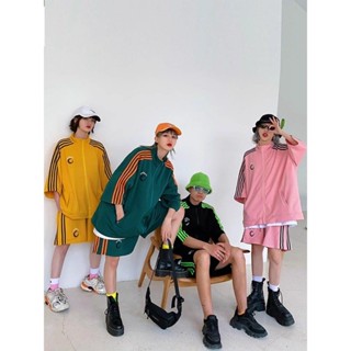 棒球衣 棒球衫 棒球襯衫 美式棒球衣 美式複古條紋運動服套裝女學生夏潮牌oversize開衫短褲情侶倆件套