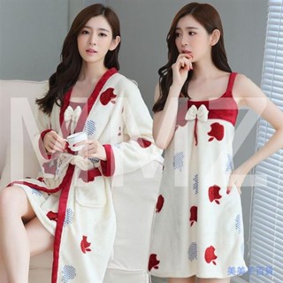 韓妞必備氣質超百搭韓版睡衣女冬季珊瑚絨睡裙長袖加厚法蘭絨睡袍兩件套浴袍家居服秋