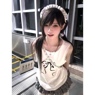 🟠ViVi SHOP🟠 潮牌小眾蕾絲花邊蝴蝶結印花無袖背心女夏季修身顯瘦百搭上衣