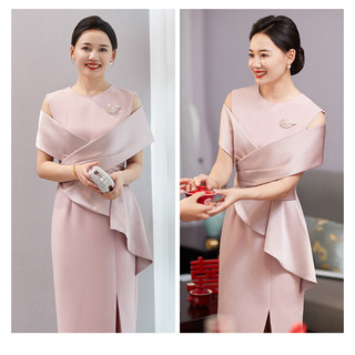 👍 0716定製媽媽裝西式婚禮禮服新款韓式氣質粉色年輕喜婆婆婚宴旂袍喜服
