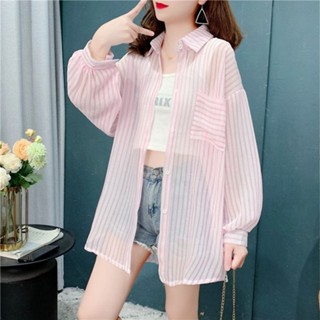 百搭襯衫 顯瘦上衣 休閒上衣 上班襯衫 女生襯衫 時尚襯衫夏季寬鬆薄款條紋中長款長袖防曬襯衫女韓版慵懶風設計感上衣