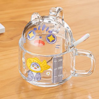 【尋野旗艦店】刻度玻璃杯卡通玻璃早餐杯子可愛大容量牛奶高顏值水杯帶蓋家用