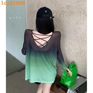 🚀高品質VX9G ✤漸變色辣妹露背長版上衣 長袖 T恤女生 夏季 新款 韓版心機防曬衣 寬鬆顯瘦