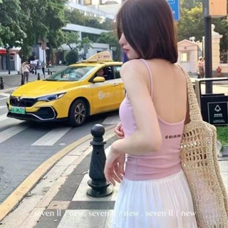 6835字母印花辣妹露背吊帶背心女2024新款夏季外穿帶胸墊無袖打底