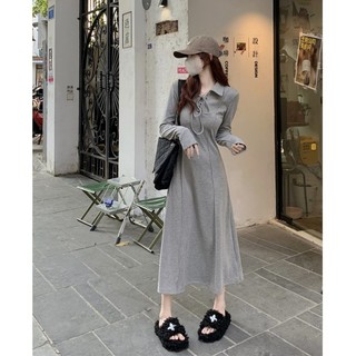 韓版寬鬆長袖洋裝 修身顯瘦長袖連衣裙 秋冬中長裙 薄款POLO領收腰連身裙