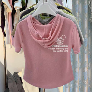 洋裝連帽T恤女短袖休閒衫新款時尚半拉鏈潮流百搭修身顯瘦ins短款上衣DYJ☆