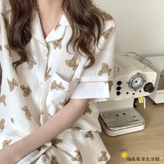 【臺灣免運】純棉棉紗女生熊熊睡衣大尺碼夏季情侶長袖睡衣套裝ins可愛可外穿寬鬆短袖兩件套ZW01