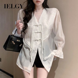 IELGY 復古鈕扣雪紡襯衫女中長 V 領修身上衣